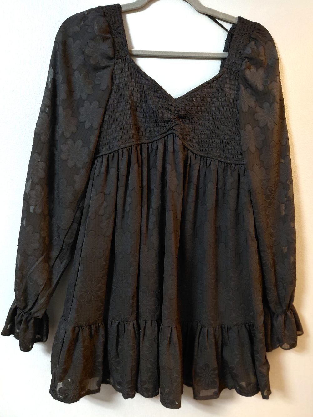 Women’s Black Floral Peasant Dress- Smocked Bodice